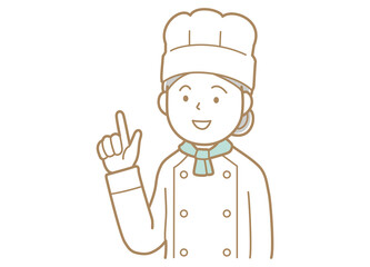 指差すコックコートにコック帽の女性のイラストコックタイ緑