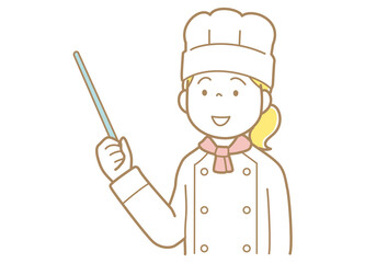 指示棒で指差すコックコートにコック帽の女性のイラスト