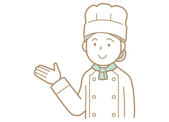 手で示すコックコートにコック帽の女性のイラストコックタイ緑