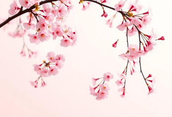 Fototapeta premium Soft pink cherry blossoms falling on pastel background, japanese, manga