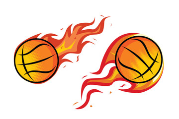 Vector illustration of two flaming basketballs with halftone shading, representing speed, power, and energy in sport.