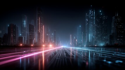 Obraz premium Futuristic cyber cityscape with glowing neon lights and digital tech grid road leading into towering skyscrapers at night
