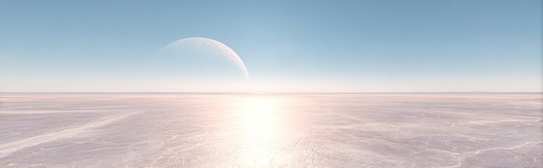 Pale, flat expanse of a celestial plain, with a soft, pale planet or moon, bathed in pastel light