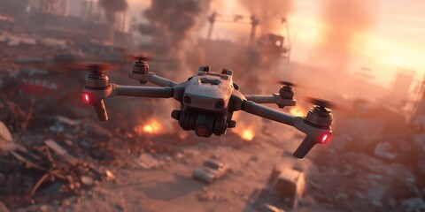 Obraz premium AI-controlled military drone flying over a ruined battlefield with fire, smoke, and destruction in a futuristic warzone