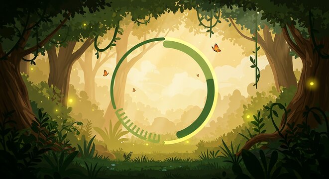 Enchanting Forest with Green Progress Loader and Butterflies - Nature-themed Digital UI Element