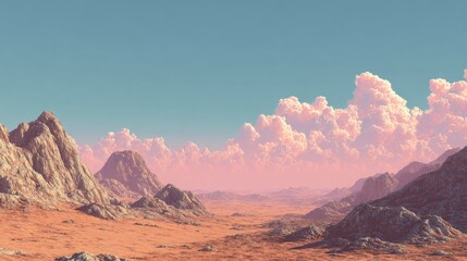 Naklejka premium Desert landscape, pastel hues, vast valley, fluffy clouds