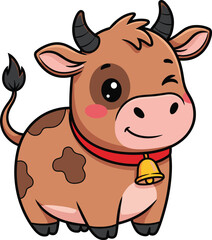 Cartoon cow with brown patches, winking eye, red collar and bell, cute expression, isolated vector illustration for kids content