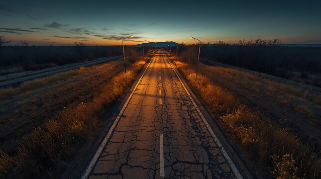 Wide shot of an abandoned highway at dusk, broken lights casting shadows on cracked asphalt, overgrown weeds evoking emptiness and desolation.