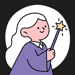A charming and simple doodle-style illustration of a friendly wizard or fairy with a magic wand, a cute and whimsical character for fantasy, magic, and storytelling.
