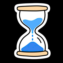 A simple and modern sticker-style illustration of an hourglass with blue sand, a classic and timeless icon of time, patience, deadlines, and the passage of moments.
