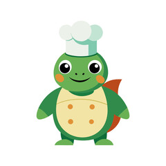 Cute cartoon turtle wearing a chef hat and apron standing with a friendly smile and rosy cheeks ready to cook delicious food in a fun illustration