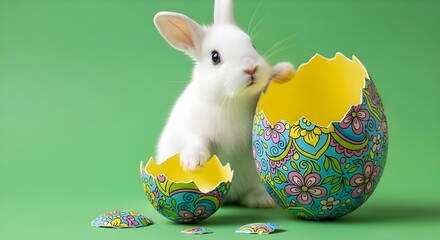 A fluffy white bunny playfully interacts with a decorative, colorful Easter egg shell.