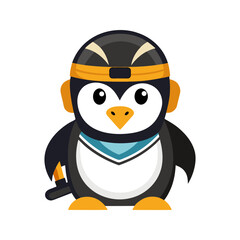 Cute cartoon penguin wearing a black and orange helmet and a blue scarf standing against a black background ready for adventure