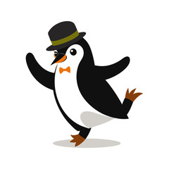 A dapper cartoon penguin wearing a black hat and orange bow tie striking a playful pose on a black background with a white oval base