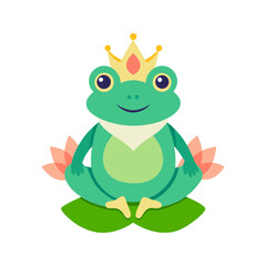 A charming cartoon frog wearing a golden crown and a white bandana sits serenely on a lily pad between two pink lotus flowers against a black background