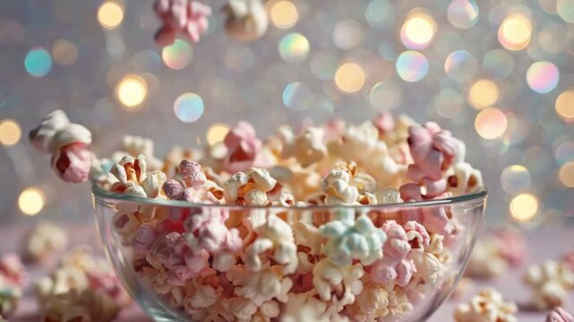 Whimsical and delicious pastel-colored candied popcorn gracefully falling into a clear glass bowl with a shimmering, festive bokeh background