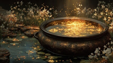 Ornate cauldron bubbling with golden liquid, surrounded by floating herbs and mystical symbols
