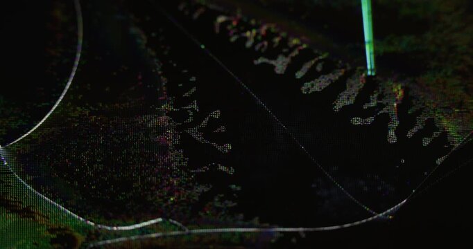 Liquid crystal. Screen error. Yellow dark black color explode noise vibration splash purple lines pattern on art abstract bokeh background.