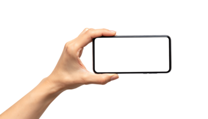 Female hand holding smartphone with blank screen, isolated on white background, mockup close-up for mobile app, website, and branding design