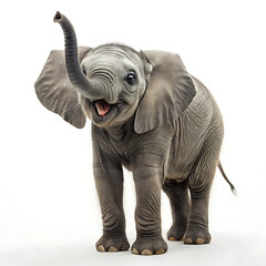 Obraz premium A baby elephant with trunk raised and mouth open standing on a white background in studio shot