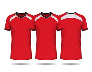Three red sports jerseys with white accents