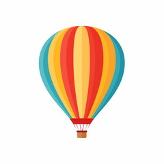 Flat vector design of a colorful hot air balloon in rainbow hues, isolated on a clean white background for a bright and cheerful look