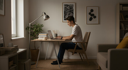 Teenager studying laptop at home workstation