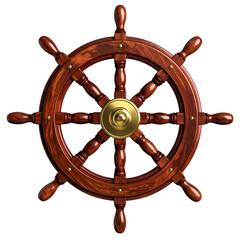 Polished wooden ship wheel with brass detailing, rendered on a stark black background, showcasing a classic nautical design and evoking a sense of navigation and adventure, featuring a detailed...