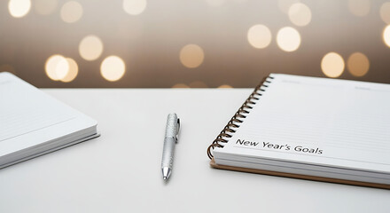 New Year's goals planner ready for writing resolutions on a clean white desk with a sparkly pen and festive bokeh lights, a concept of a fresh start and planning for the future.