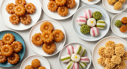 Traditional Korean rice cakes and sweets arranged white plates, colorful and inviting dessert