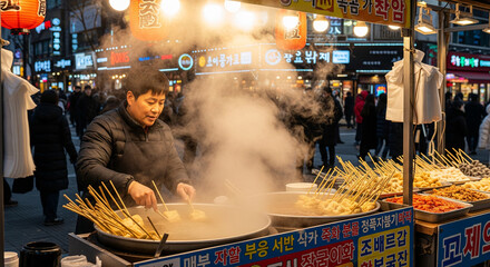 Street food vendor cooking steaming skewers at night market with colorful lanterns and crowd