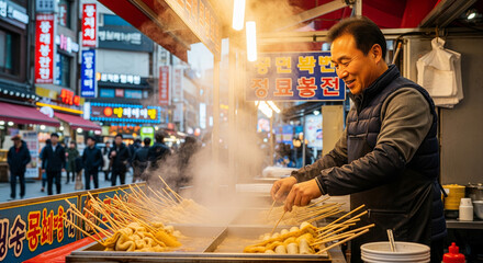 Street food vendor cooking fish cake skewers with steam rising in busy urban market at night