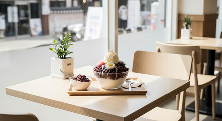 Sweet red bean dessert with ice cream on wooden table in bright cafe