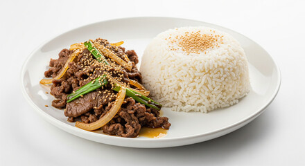 Cooked beef with onion and green onion served with white rice topped with sesame seeds white
