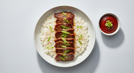 Grilled meat slices on white rice with sesame and green onion, served with sauce