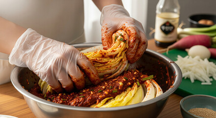 Making spicy fermented cabbage with chili paste and vegetables in kitchen