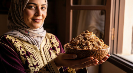 Traditional dessert with almond nuts held by woman in embroidered dress smiling warmly