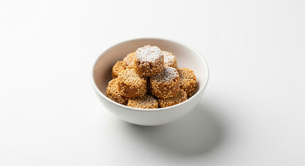Sesame seed cookies in white bowl with powdered sugar topping, delicious snack treat