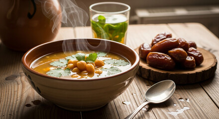 Steaming hot chickpea soup garnished with fresh cilantro served with dates and herbal tea wooden