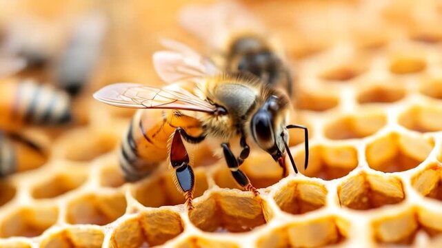 Honey bee on honeycomb close up macro