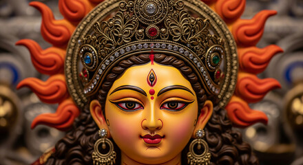 Hindu goddess statue with ornate crown and vibrant orange sun rays glowing behind