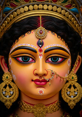 Hindu goddess statue face with traditional jewelry and vibrant makeup