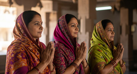 Three Indian women praying with hands together wearing colorful traditional saree in temple