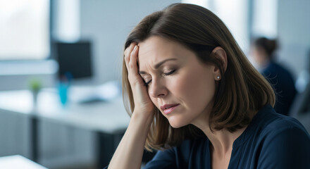 Woman headache stress office tired pain female business fatigue discomfort