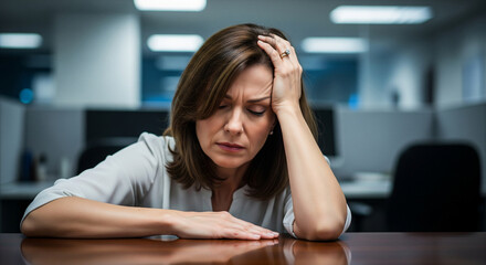 Woman stressed at office desk with headache and tired expression