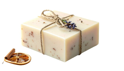 A  view showcases a handcrafted soap bar adorned with twine, accompanied by dried fruit and a cinnamon stick, set against a stark, dark background, creating a minimalist and inviting composition.