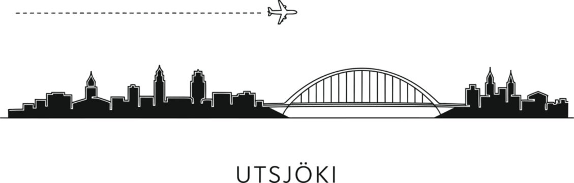 Utsjoki Finland Skyline Silhouette with Airplane and Bridge