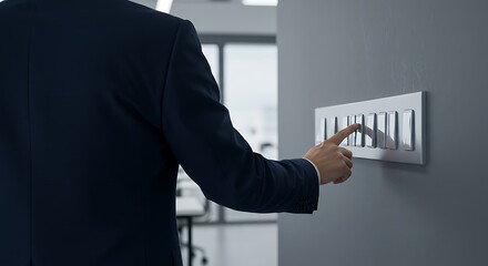 A person wearing a business suit switching on office lights, sleek modern wall switch panel in focus, professional environment, 8k
