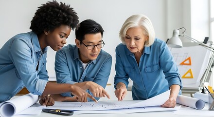Diverse team of architects and designers collaborating on blueprints and plans in a modern office studio.
