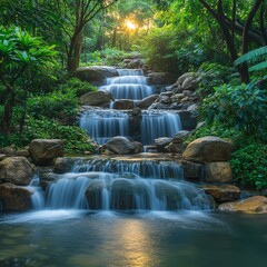 Serene waterfall cascading over rocks surrounded by lush greenery and tranquil water in a natural landscape   high resolution   for isolate image